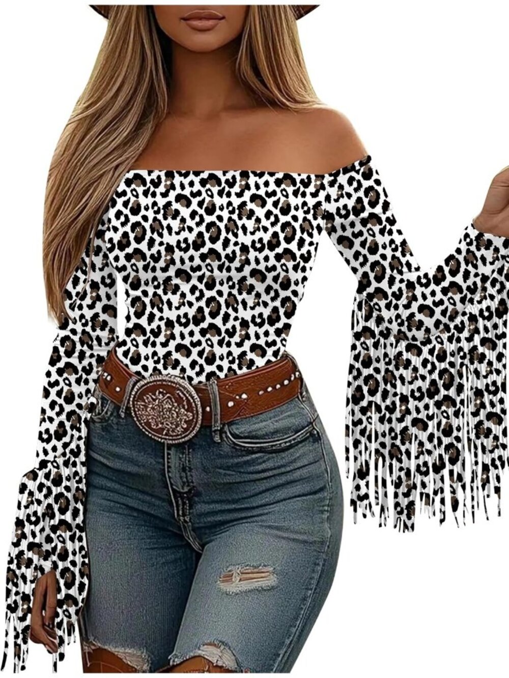 Women's Leopard Stretchy Crop Off Shoulder Concert Cowgirl Fringe Tassel Blouses
